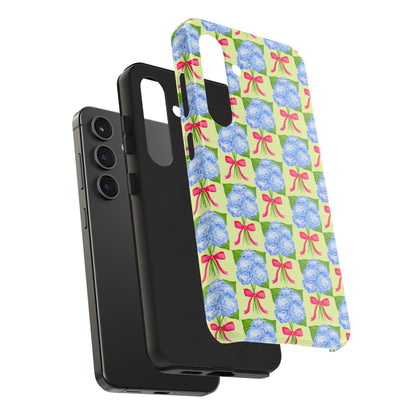 Blue Watercolor Hydrangea Bouquets with Hot Pink Bows Illustrated Patterned Yellow Preppy Grand Millenial Tough Phone Case | Various Models