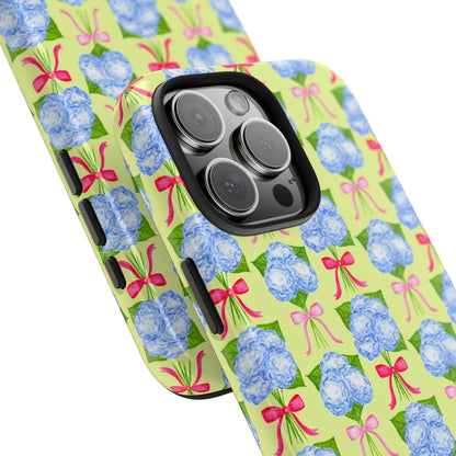 Watercolor Blue Hydrangea Bouquets with Hot Pink and Light Pink Bow Ribbons Illustrated Pattern Yellow Tough Phone Case | Various Models