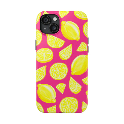 Bright Yellow Lemons Watercolor Illustrated Tossed Pattern Watermelon Pink Tough Phone Case | Various Models