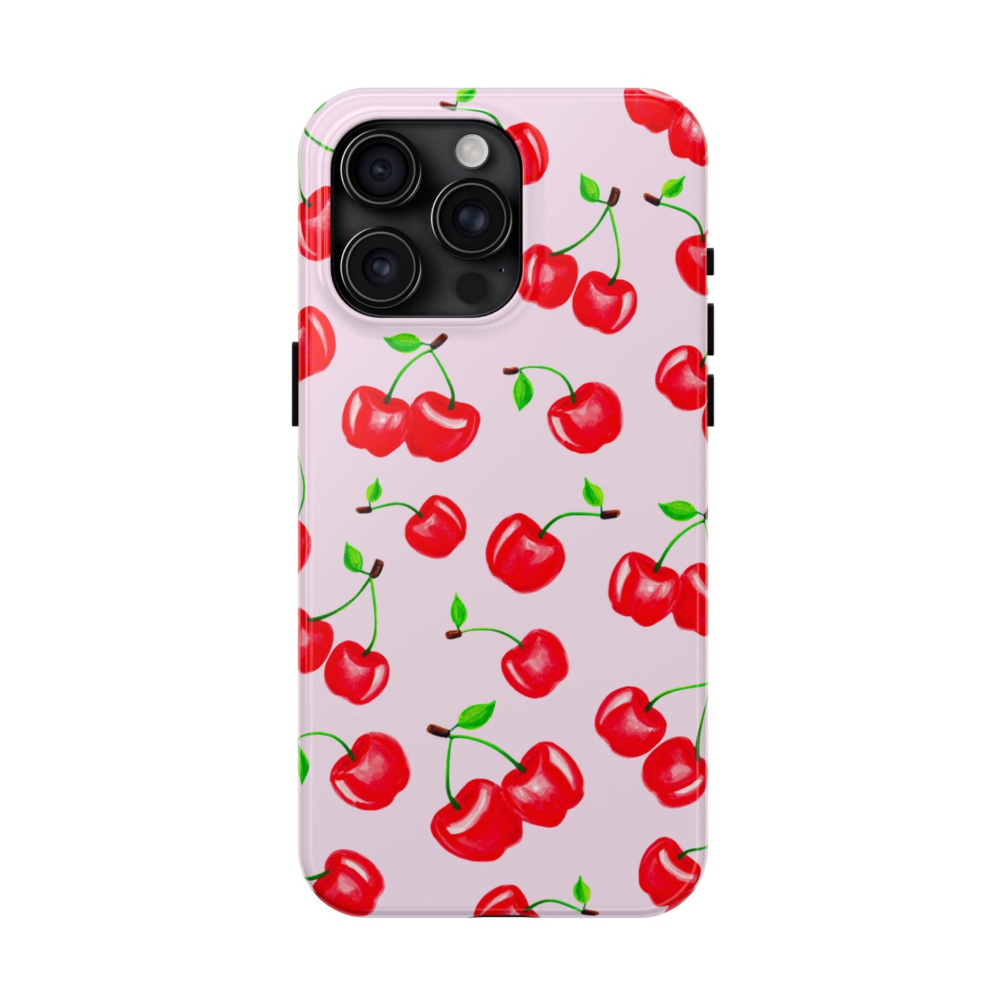 Tossed Red Watercolor Cherries Illustrated Pattern Light Pink Tough Phone Case | Various Models