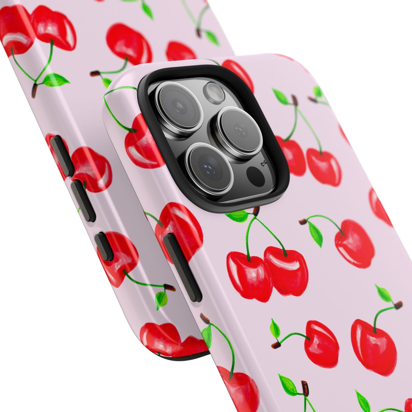 Tossed Red Watercolor Cherries Illustrated Pattern Light Pink Tough Phone Case | Various Models