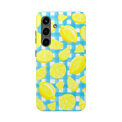 Bright Yellow Lemons Watercolor Illustrated Tossed Pattern Turquoise Gingham Tough Phone Case | Various Models