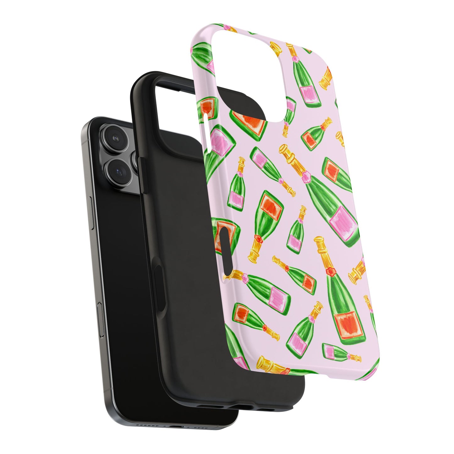 Tossed Pink and Green & Orange and Green Watercolor Illustrated Champagne Bottles Pattern Blush Pink Tough Phone Case | Various Models