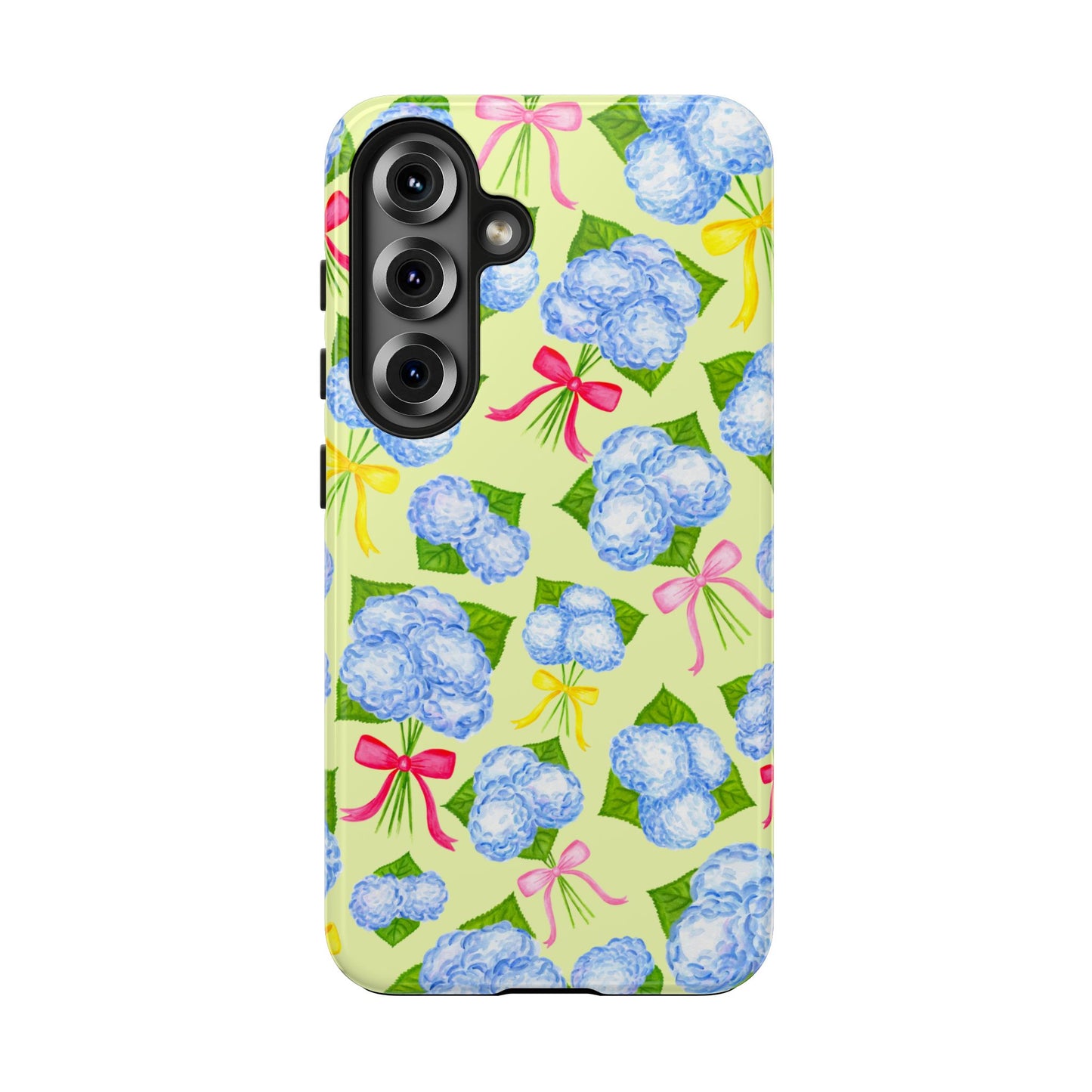 Blue Watercolor Hydrangea Bunches with Hot Pink, Yellow, Light Pink Bows Illustrated Patterned Yellow Tough Phone Case | Various Models