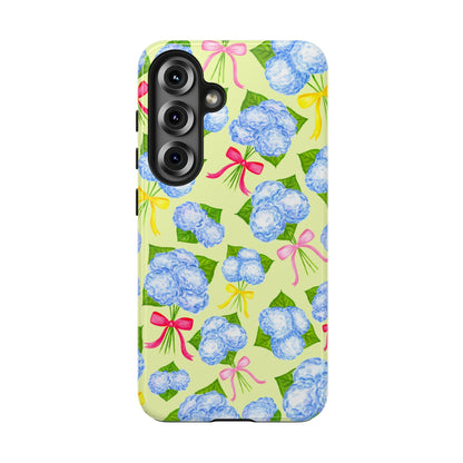 Blue Watercolor Hydrangea Bunches with Hot Pink, Yellow, Light Pink Bows Illustrated Patterned Yellow Tough Phone Case | Various Models