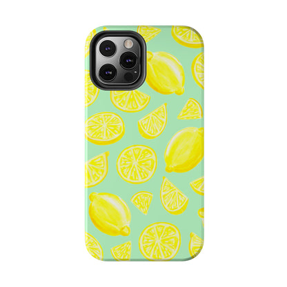 Bright Yellow Lemons Watercolor Illustrated Tossed Pattern Mint Green Tough Phone Case | Various Models