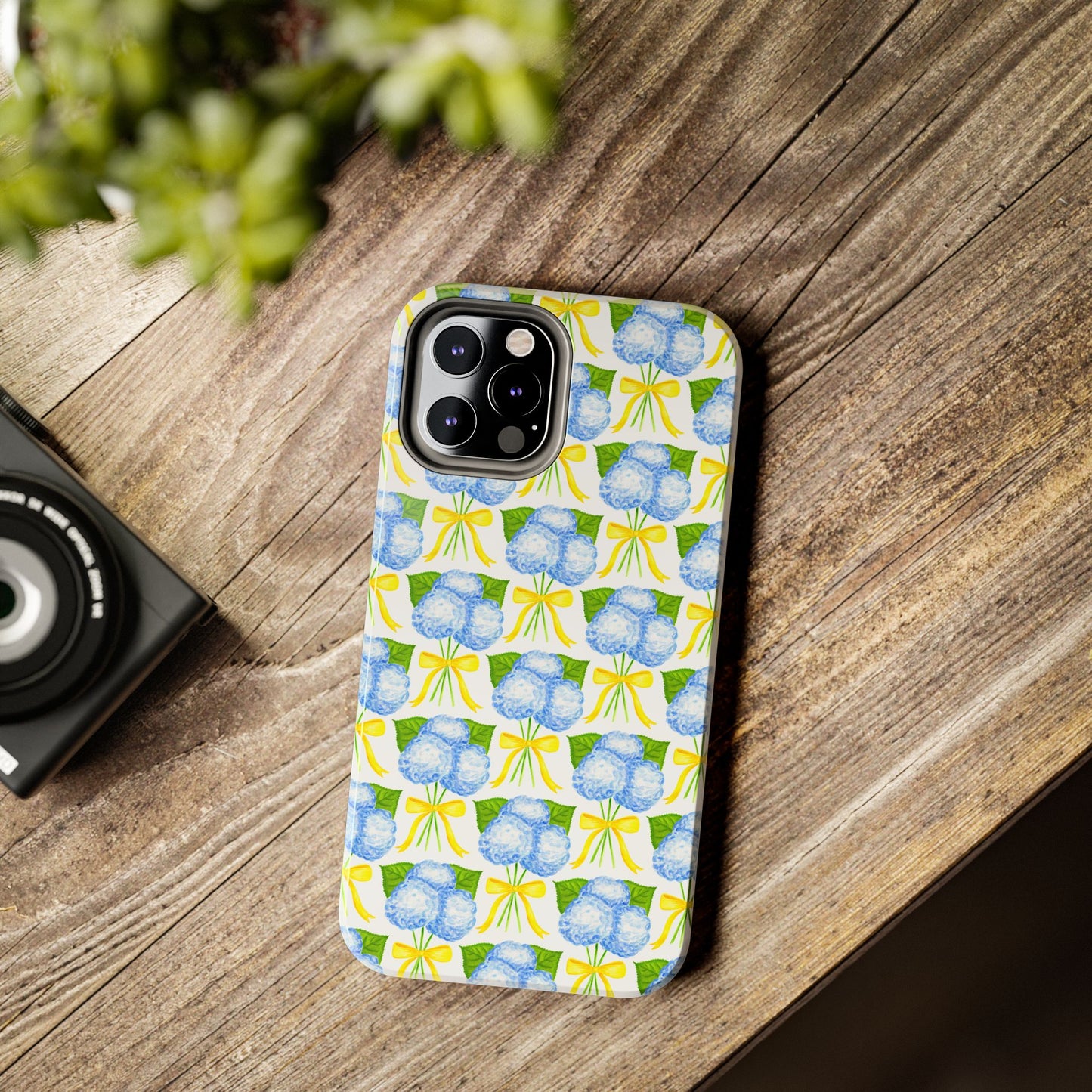 Blue Hydrangea Bouquets with Yellow Bow Ribbon Watercolor Illustrated Patterned Tough Phone Case | Various Models