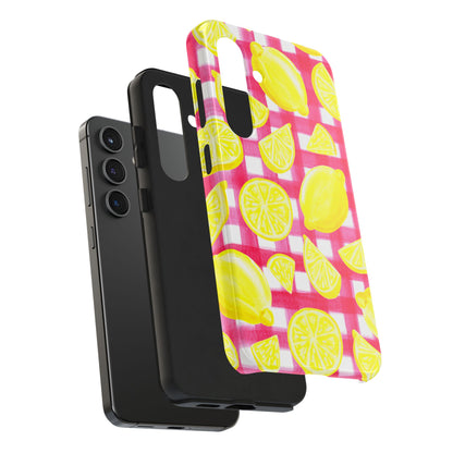 Yellow Lemons & Hot Pink Gingham Watercolor Illustrated Tough Phone Case | Various Models Available