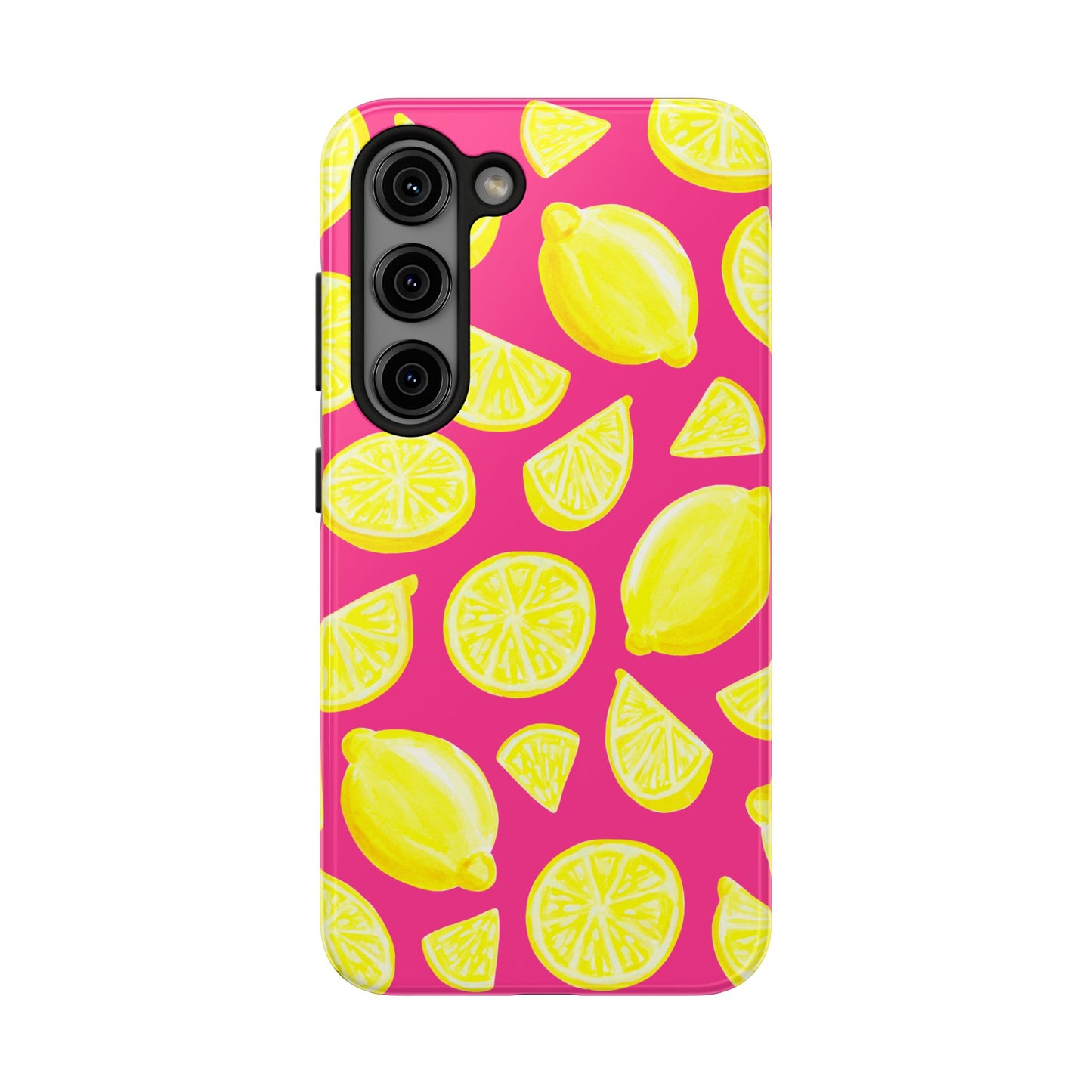 Bright Yellow Lemons Watercolor Illustrated Tossed Pattern Watermelon Pink Tough Phone Case | Various Models