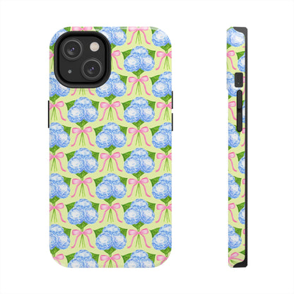 Blue Watercolor Hydrangea Bouquets with Light Pink Bows Watercolor Illustrated Patterned Yellow Tough Phone Case | Various Models