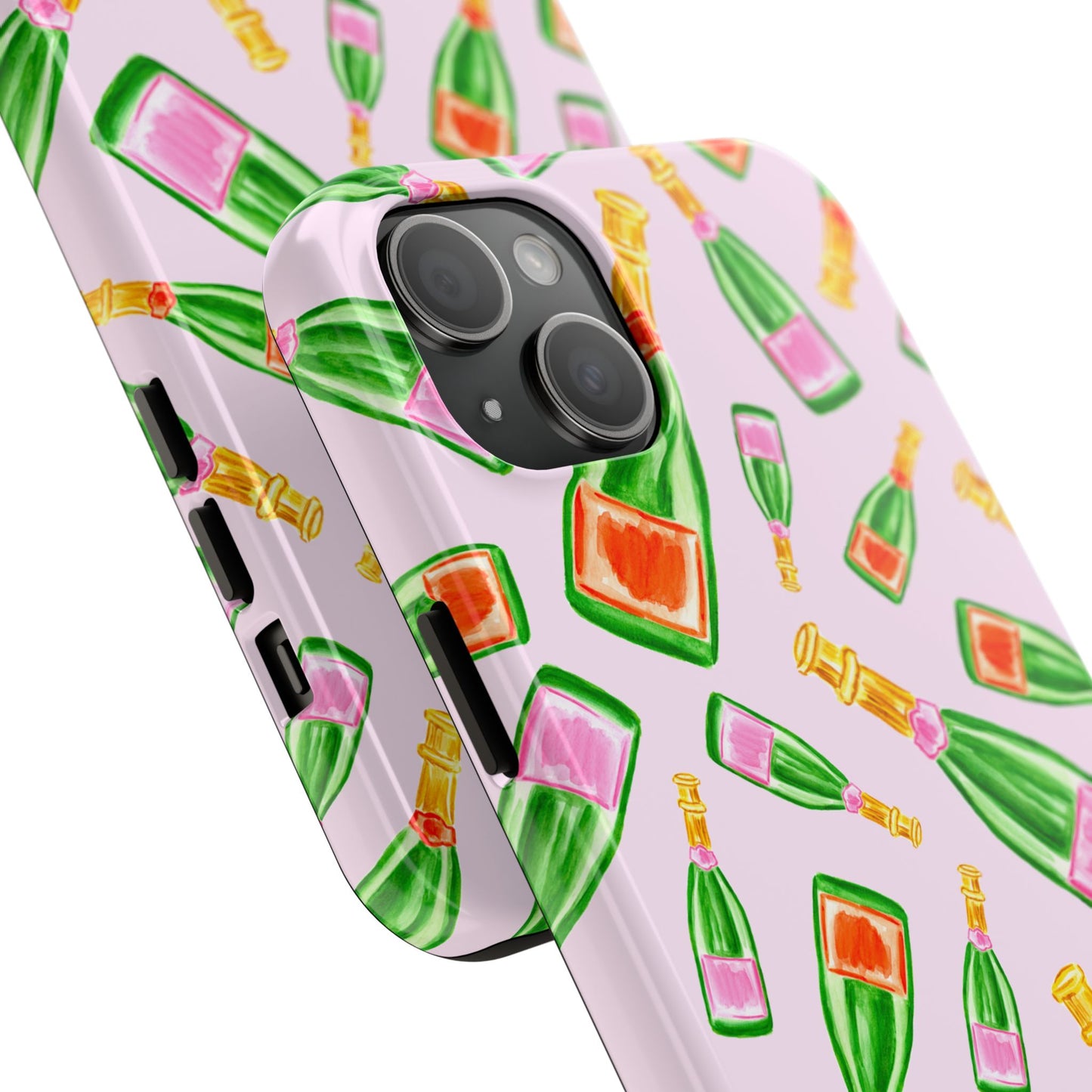 Tossed Pink and Green & Orange and Green Watercolor Illustrated Champagne Bottles Pattern Blush Pink Tough Phone Case | Various Models
