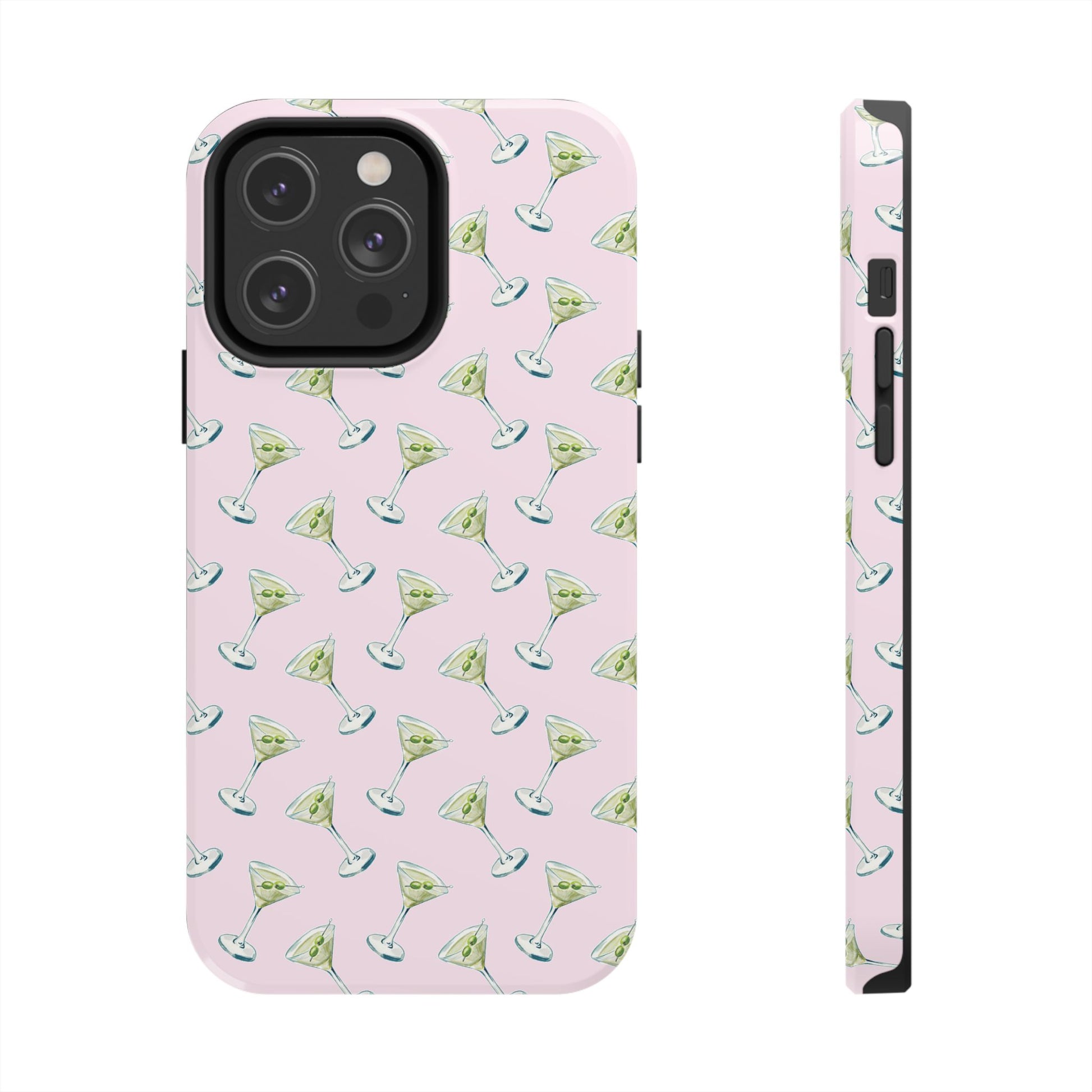 Light Pink Mini Martini Watercolor Illustrated Tossed Pattern Tough Phone Case | Various Models Available iPhone 14 Pro Max