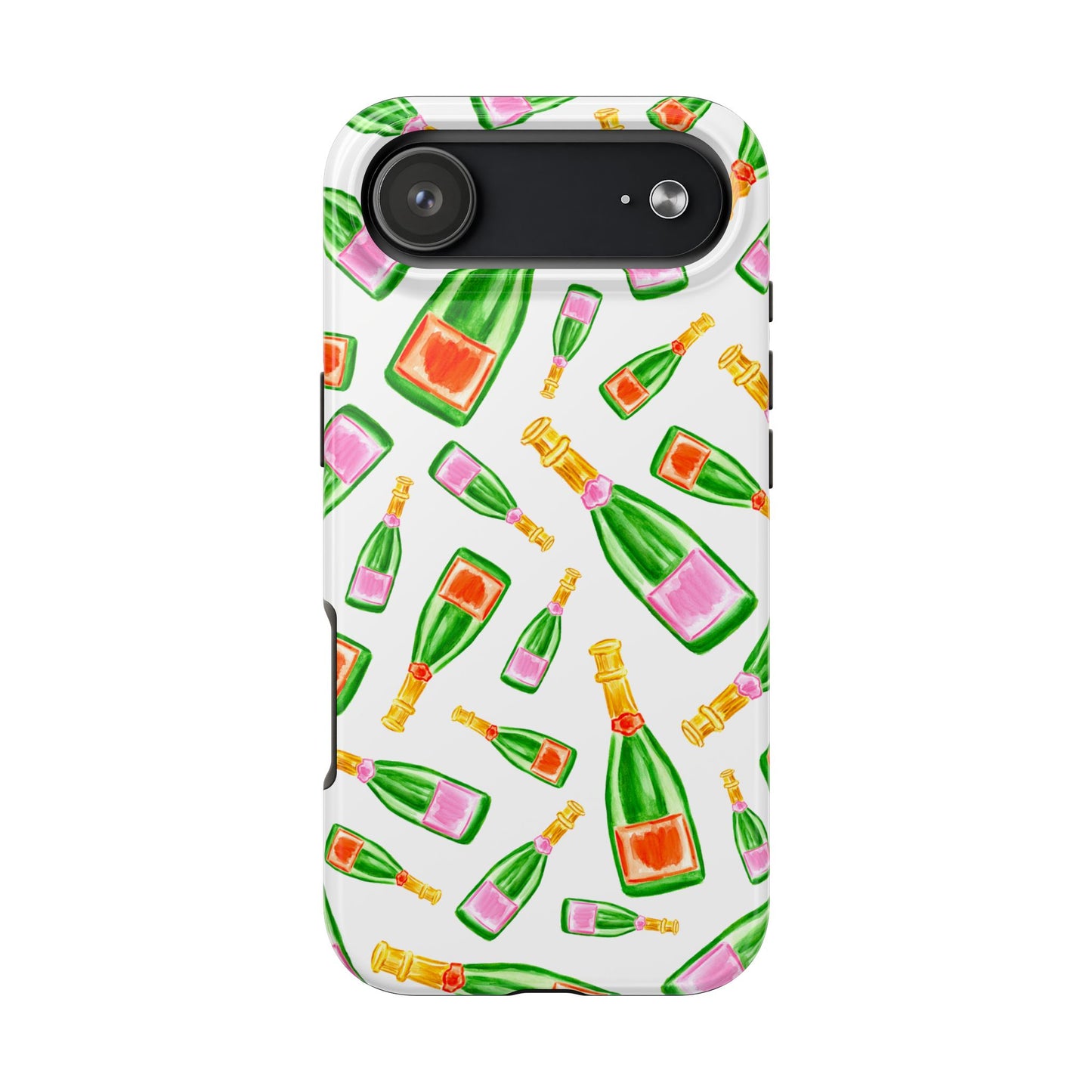 Tossed Pink and Green & Orange and Green Watercolor Illustrated Champagne Bottles Pattern Tough Phone Case | Various Models