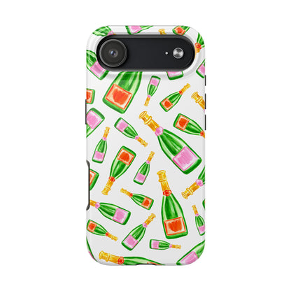 Tossed Pink and Green & Orange and Green Watercolor Illustrated Champagne Bottles Pattern Tough Phone Case | Various Models