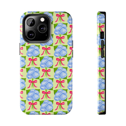 Blue Watercolor Hydrangea Bouquets with Hot Pink Bows Illustrated Patterned Yellow Preppy Grand Millenial Tough Phone Case | Various Models