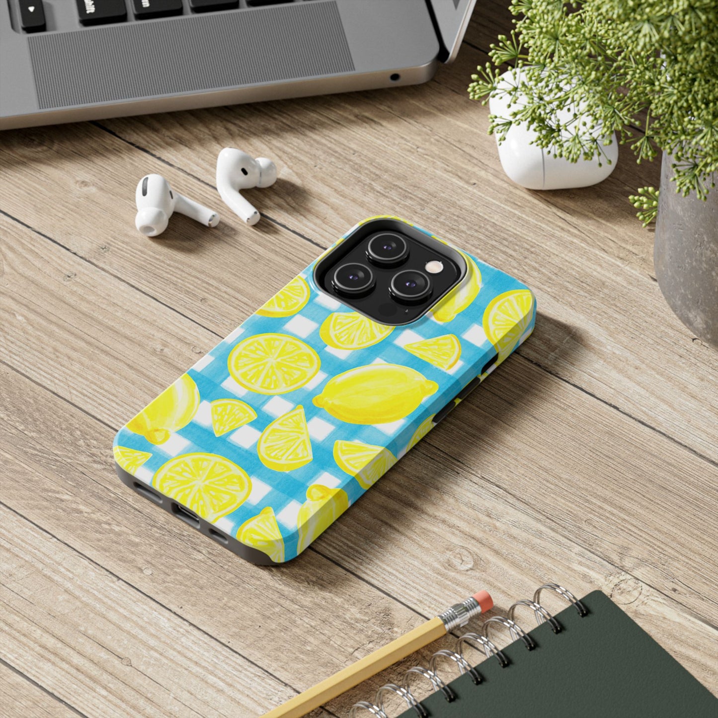 Yellow Lemons & Turquoise Gingham Watercolor Illustrated Tough Phone Case | Various Models Available