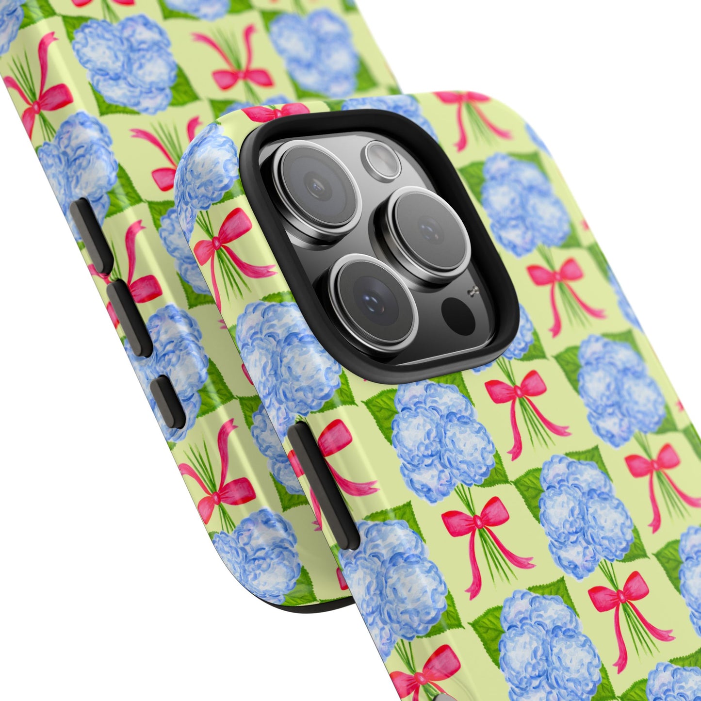 Blue Watercolor Hydrangea Bouquets with Hot Pink Bows Illustrated Patterned Yellow Preppy Grand Millenial Tough Phone Case | Various Models