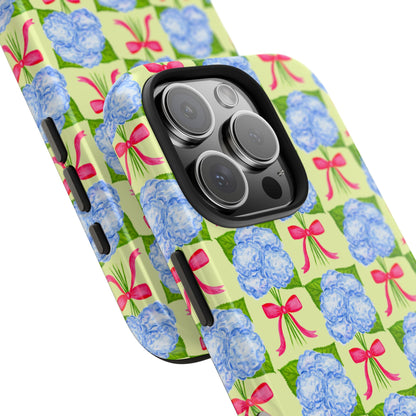 Blue Watercolor Hydrangea Bouquets with Hot Pink Bows Illustrated Patterned Yellow Preppy Grand Millenial Tough Phone Case | Various Models