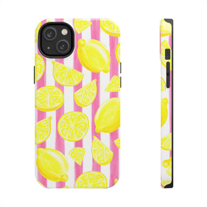 Pink Lemonade Yellow Lemons with Pink & White Watercolor Stripes Tough Phone Case