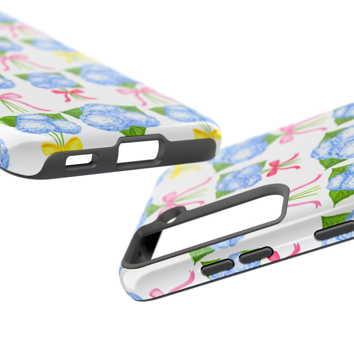 Blue Hydrangeas with Hot Pink, Yellow, Light Pink Bows Watercolor Illustrated Patterned Tough Phone Case | Various Models