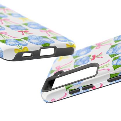Blue Hydrangeas with Hot Pink, Yellow, Light Pink Bows Watercolor Illustrated Patterned Tough Phone Case | Various Models