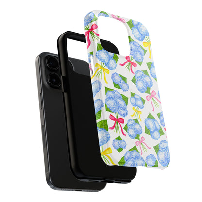 Blue Watercolor Hydrangea Bunches with Hot Pink, Yellow, Light Pink Bows Illustrated Patterned Tough Phone Case | Various Models