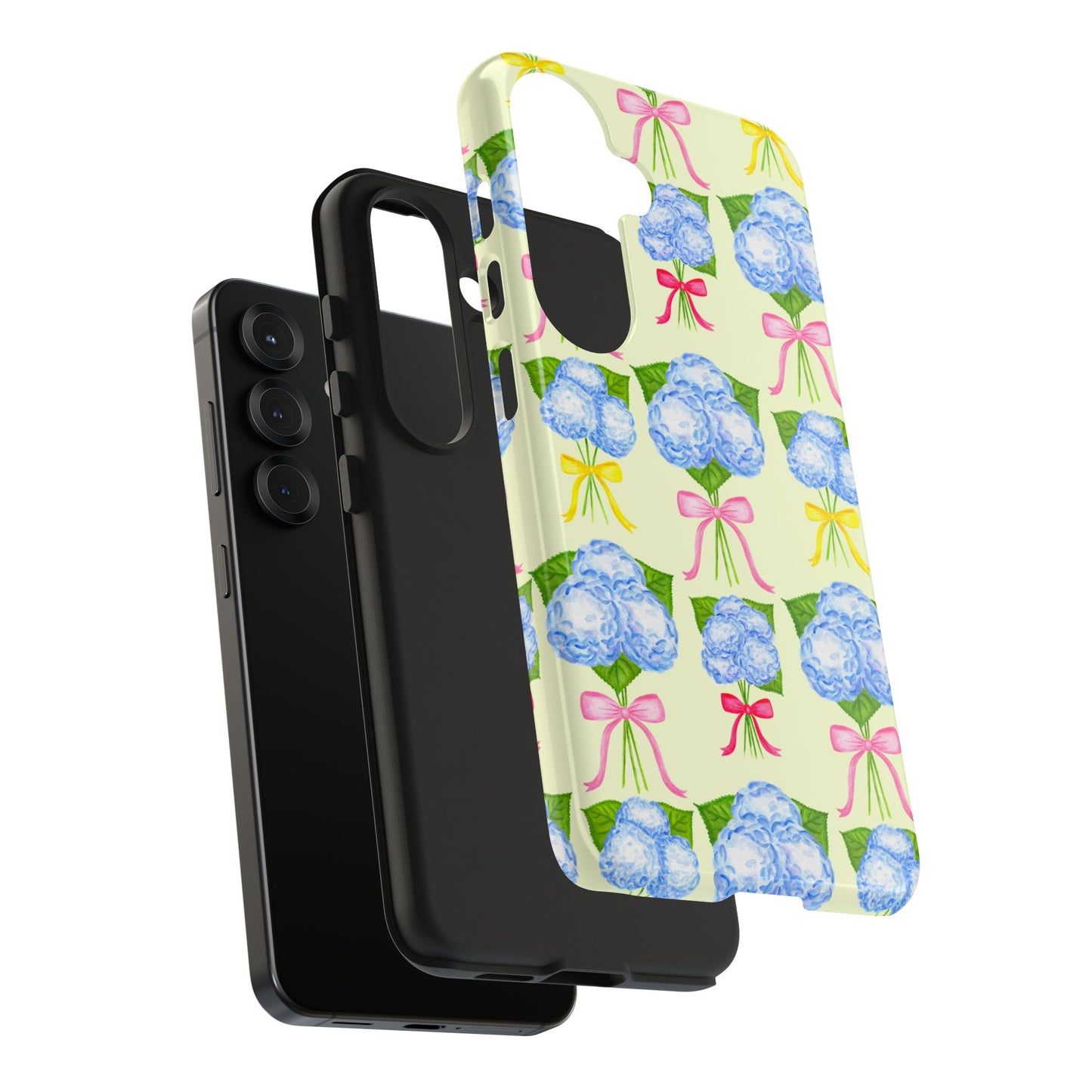 Blue Hydrangeas with Hot Pink, Yellow, Light Pink Bows Watercolor Illustrated Patterned Light Yellow Tough Phone Case | Various Models