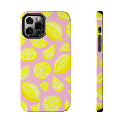 Bright Yellow Lemons Watercolor Illustrated Tossed Pattern Light Pink Tough Phone Case | Various Models