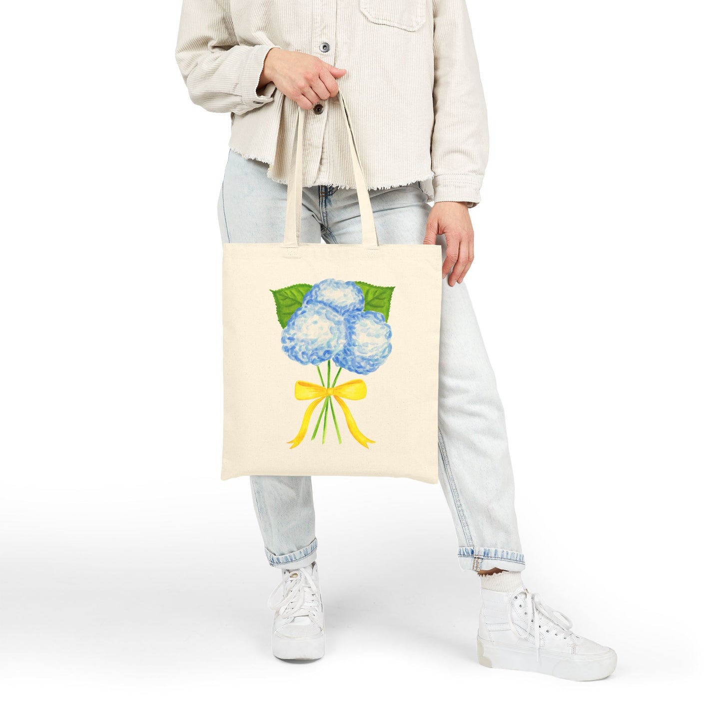 Canvas Book Tote | Blue Hydrangeas with Yellow Bow Watercolor Printed Farmers Market Tote | Coastal Preppy Gift