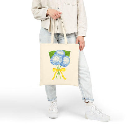 Canvas Book Tote | Blue Hydrangeas with Yellow Bow Watercolor Printed Farmers Market Tote | Coastal Preppy Gift