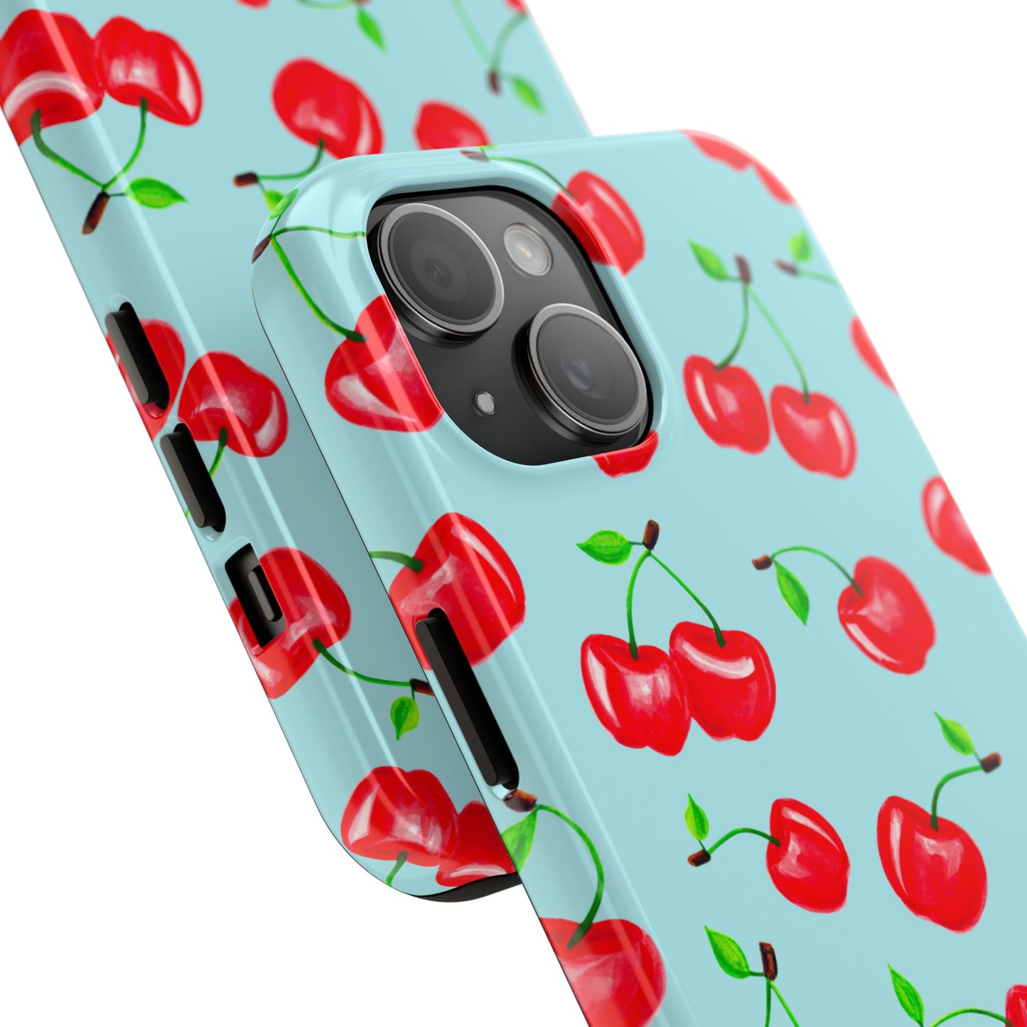 Tossed Red Watercolor Cherries Illustrated Pattern Bright Blue Tough Phone Case | Various Models