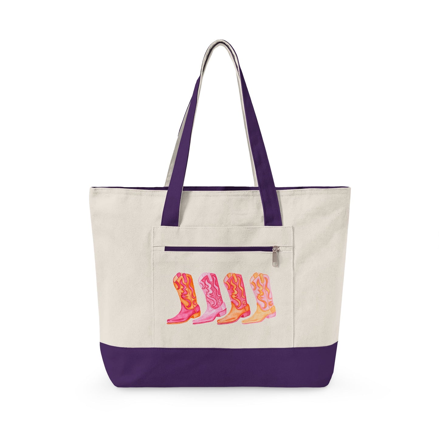 Row of Hot Pink & Orange Cowboy Boots Watercolor Printed Zippered Canvas Tote 18" x 14" | Various Colors
