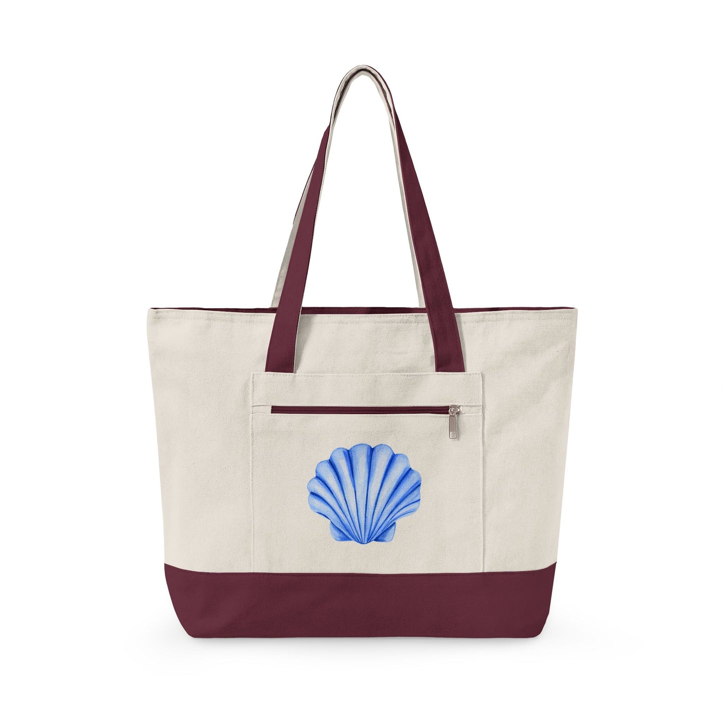 Blue Watercolor Seashell Printed Zippered Canvas Tote 18" x 14" | Various Colors 18" x 14" x 4.5" Natural Maroon