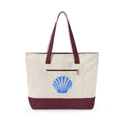 Blue Watercolor Seashell Printed Zippered Canvas Tote 18" x 14" | Various Colors 18" x 14" x 4.5" Natural Maroon