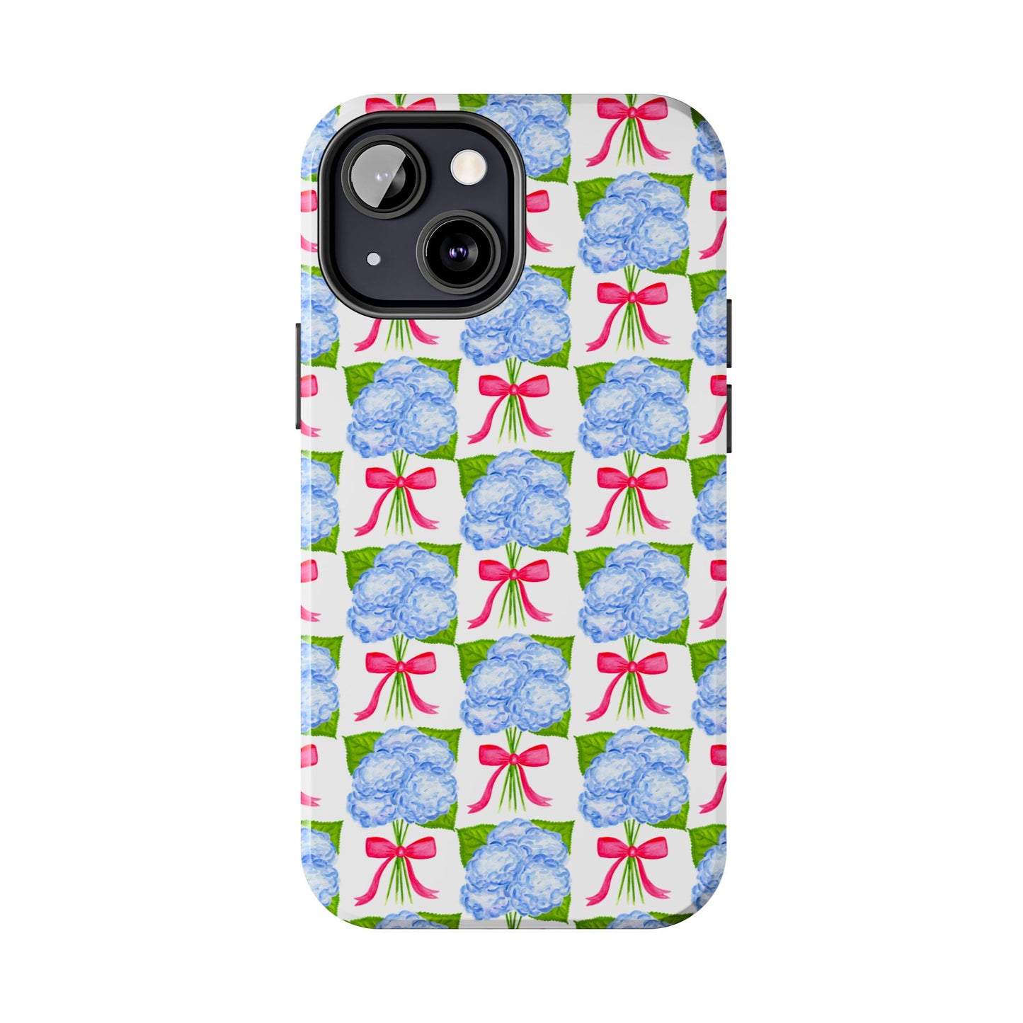 Blue Watercolor Hydrangea Bouquets with Hot Pink Bows Illustrated Patterned Tough Phone Case | Various Models