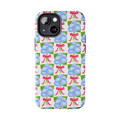Blue Watercolor Hydrangea Bouquets with Hot Pink Bows Illustrated Patterned Tough Phone Case | Various Models