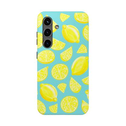 Bright Yellow Lemons Watercolor Illustrated Tossed Pattern Turquoise Blue Tough Phone Case | Various Models