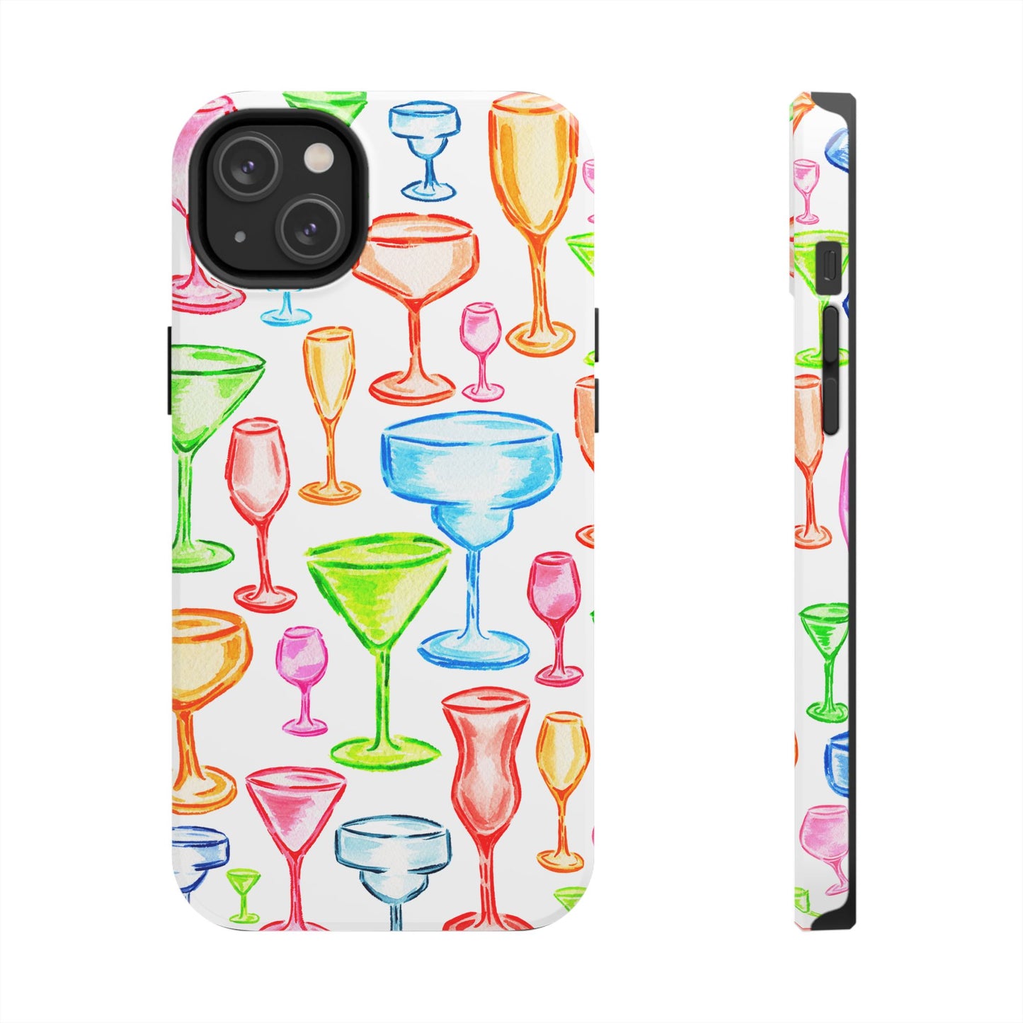 Monochromatic Margarita, Wine, Martini, and Champagne Flute Cocktail Glasses Watercolor Illustrated Tough Phone Case | Various Models Available