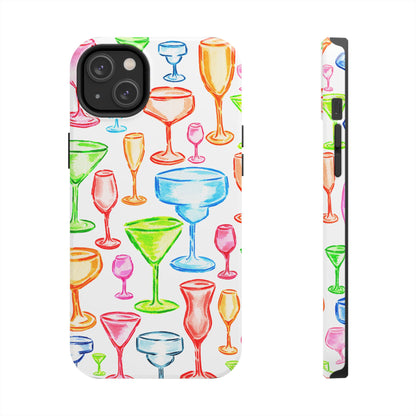 Monochromatic Margarita, Wine, Martini, and Champagne Flute Cocktail Glasses Watercolor Illustrated Tough Phone Case | Various Models Available