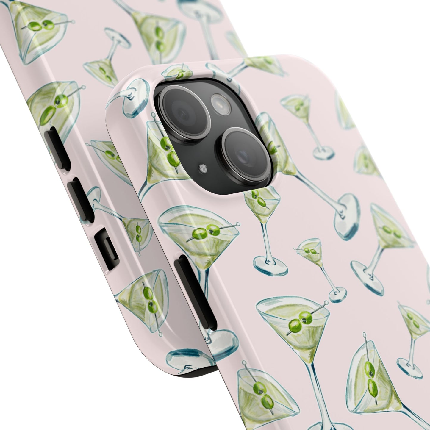Watercolor Blue and Green Martinis Tossed Illustrated Pattern Blush Pink Tough Phone Case | Various Models