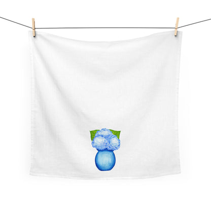 Tea Towel | Blue Watercolor Hydrangeas in Blue Vase Printed Illustration | Preppy Coastal Grand Millennial Kitchen Decor