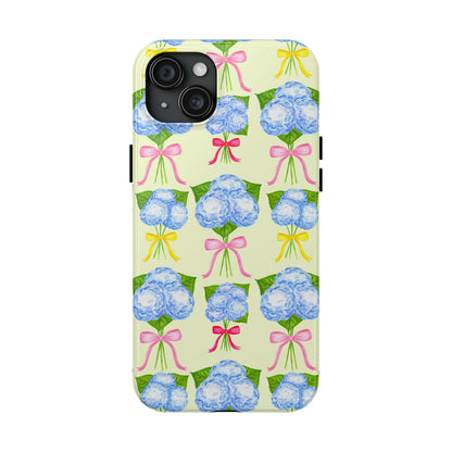 Blue Hydrangeas with Hot Pink, Yellow, Light Pink Bows Watercolor Illustrated Patterned Light Yellow Tough Phone Case | Various Models