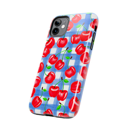 Tossed Red Cherries Blue Gingham Checkered Watercolor Illustrated Tough Phone Case | Various Models