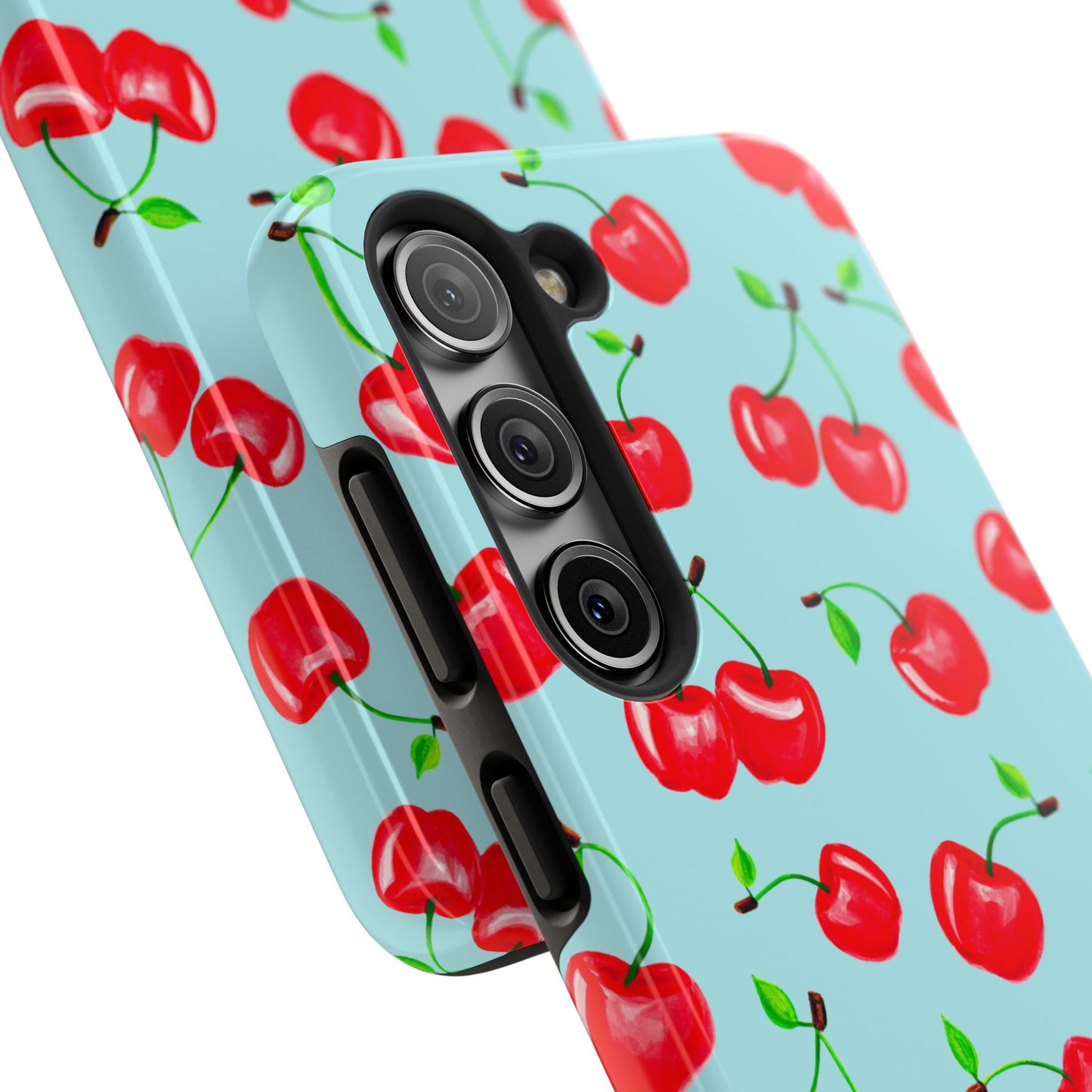 Tossed Red Watercolor Cherries Illustrated Pattern Bright Blue Tough Phone Case | Various Models