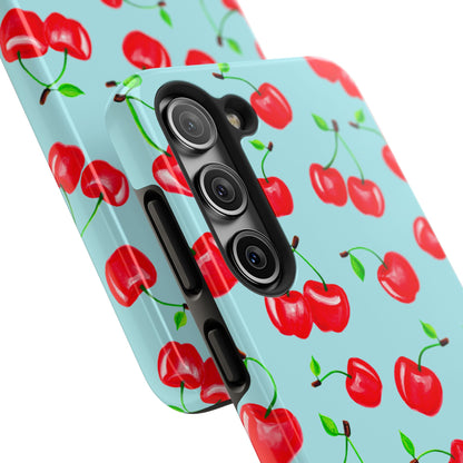 Tossed Red Watercolor Cherries Illustrated Pattern Bright Blue Tough Phone Case | Various Models