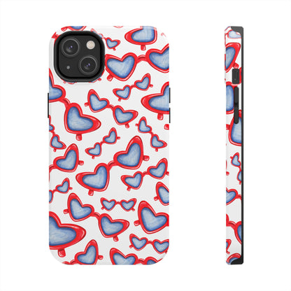 Red, White, & Blue Heart Shaped Watercolor Sunglasses Tossed Pattern Tough Phone Cases iPhone 14 Plus