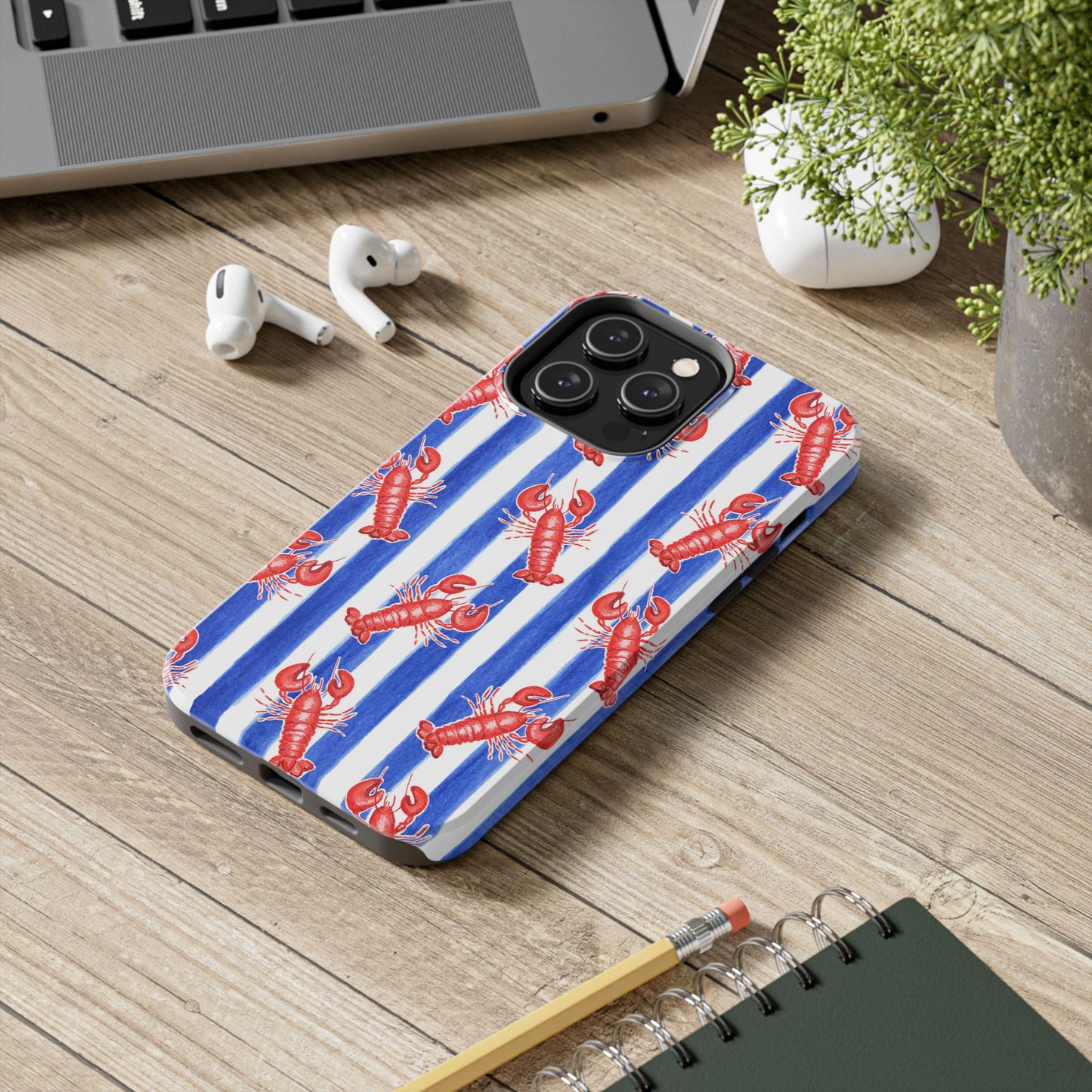 Blue & White Strip Red Lobster Watercolor Patterned Phone Case | Various Models