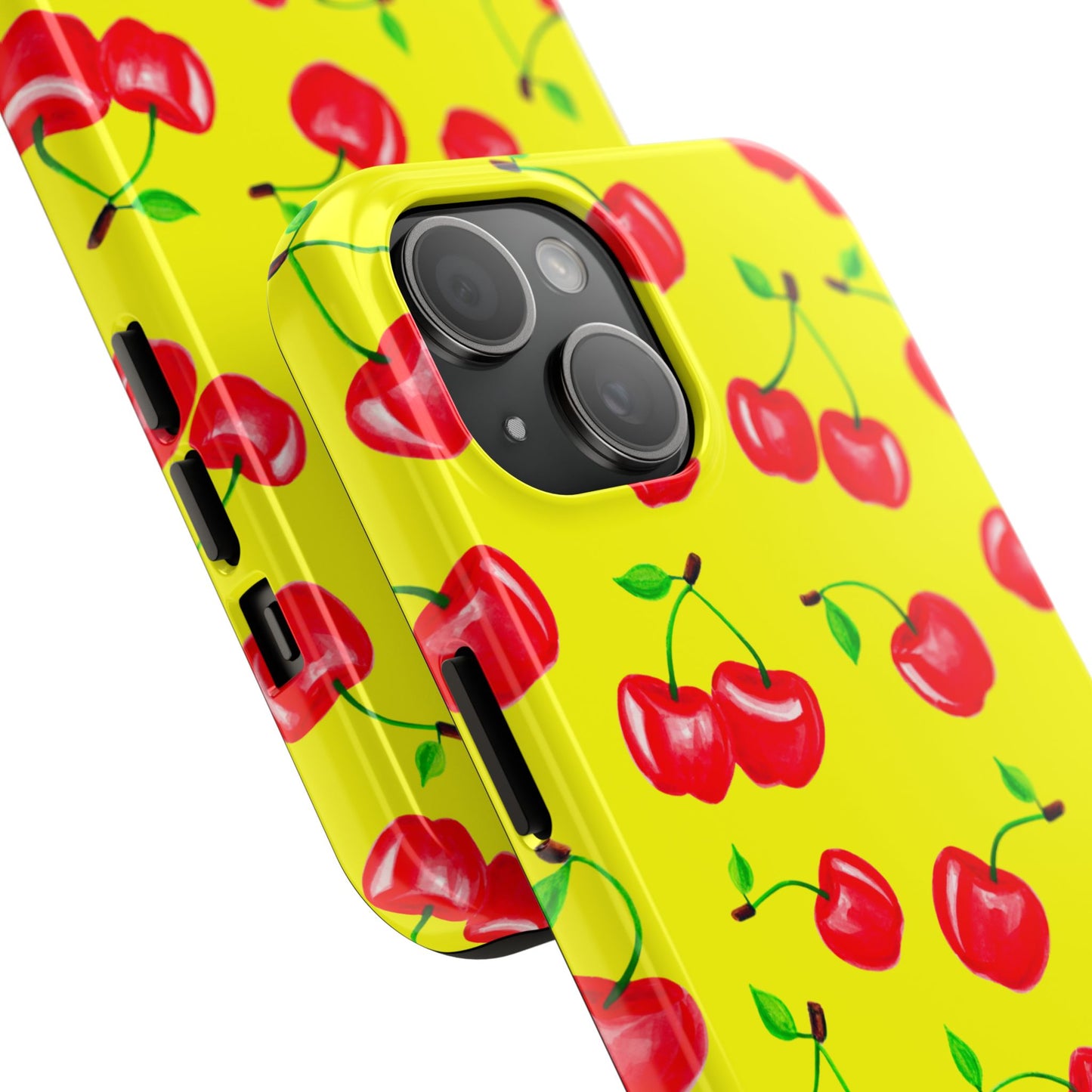 Tossed Red Watercolor Cherries Illustrated Pattern Bright Yellow Tough Phone Case | Various Models
