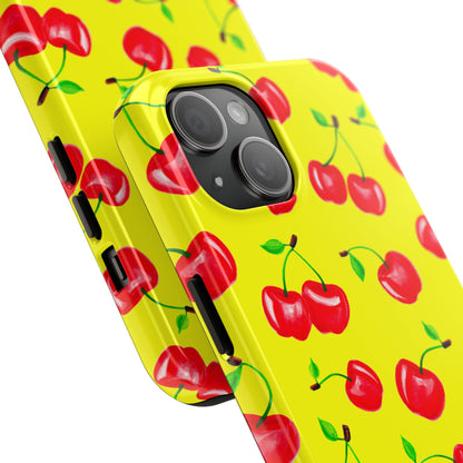 Tossed Red Watercolor Cherries Illustrated Pattern Bright Yellow Tough Phone Case | Various Models