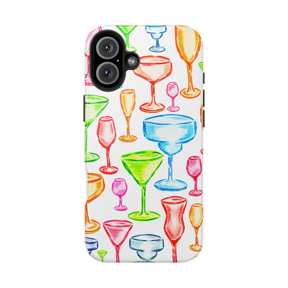 Monochromatic Margarita, Wine, Martini, and Champagne Flute Cocktail Glasses Watercolor Illustrated Tough Phone Case | Various Models Available